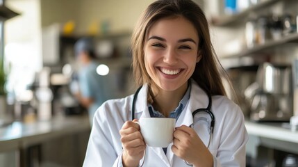 Smiling female doctor enjoying coffee in cafeteria. Casual portrait with blur background.