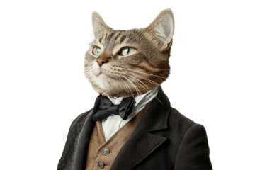 Distinguished cat wearing formal suit and bowtie, exuding elegance and charm against,Isolated on transparent background