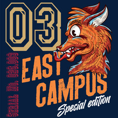 Illustration of a wolf with mountain texts, travel and excursion camping, patches and arrows that refer to a summer trip in the tranquility of nature.