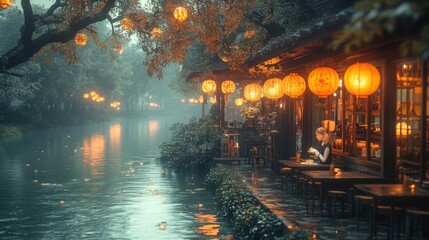 Obraz premium A Cozy Tea Shop Overlooking a Serene River - Perfect for Relaxation and Enjoying Nature's Beauty