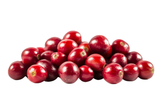 Fresh pile of ripe cranberries , showcasing their vibrant red color and glossy surface,Isolated on transparent background