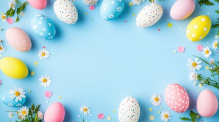 Easter party concept. Top view photo of easter bunny ears white pink blue and yellow eggs on isolated pastel blue background with copyspace in the middle