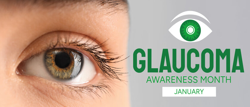 Young woman with green eyes on light background, closeup. Glaucoma awareness month