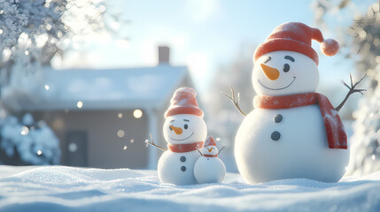 Obraz premium A snowman family having fun in a snowy yard 