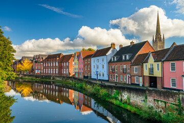 Beautiful view of Quay Side architecture reflected in River Wensum. Norwich, Norfolk. England
