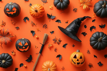 A neon orange background with cute, minimalistic prints of witches' hats, broomsticks, and carved pumpkins in various sizes.