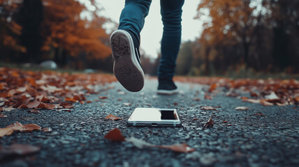 A phone left behind on a leaf-strewn road, with a person walking away. Generative AI