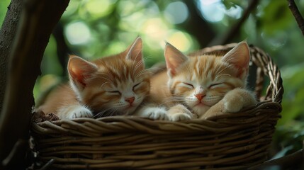Two orange tabby kittens sleeping peacefully in a wicker basket surrounded by greenery
