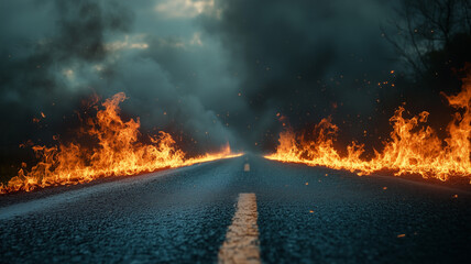 Burning Highway with Smoke and Flames, Perfect Background for Dramatic Fire Themes,  Hot Product backdrop. Generative AI