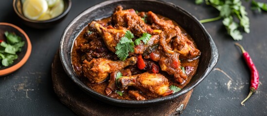 Close-up of a spicy chicken stew with red peppers and cilantro in a black bowl on a rustic wooden surface.