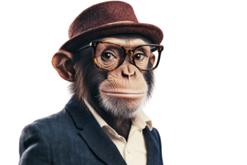 Stylish monkey wearing glasses and hat, portraying fun and quirky character,Isolated on transparent background