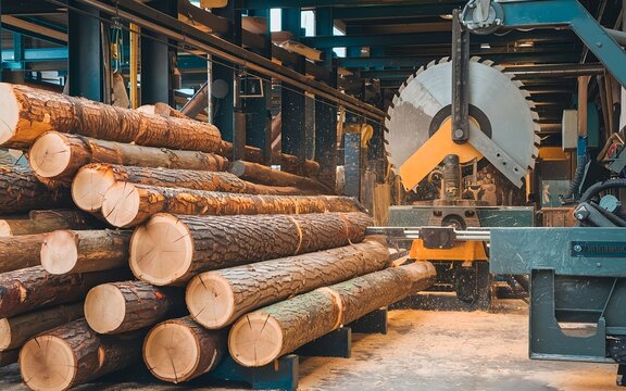 Wood log cutting in sawmill. Industrial lumber production