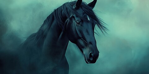Obraz premium A majestic black horse stands proudly in a misty landscape at dawn, showcasing its graceful features and strong presence against a mysterious backdrop