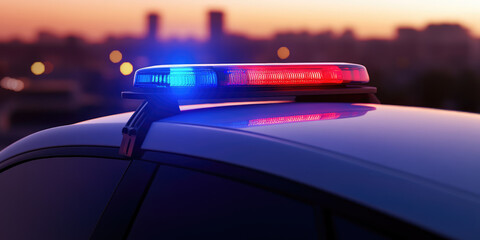 A close-up of a police car flashing blue and red lights against the background of the night city. Criminal news, traffic accidents 