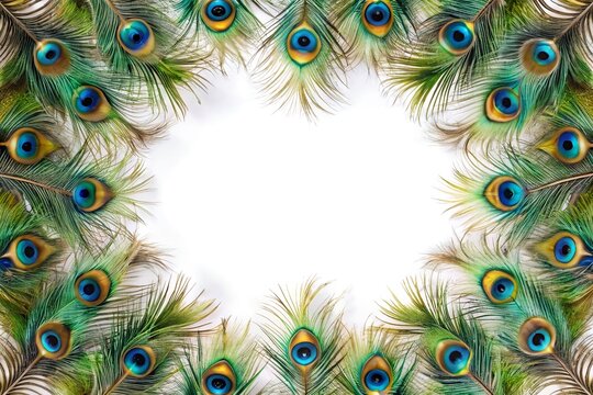 Peacock feather frame border on white background. Wildlife beauty theme