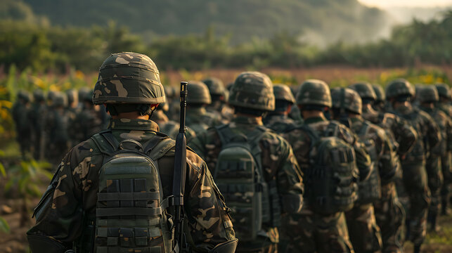 military photography, professional photo of tall, athletic -year-old taiwanese soldiers in camouflage uniforms and combat helmets, from a realistic first-person perspective