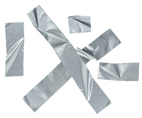Silver self-adhesive construction tape isolated on a white background, top view. Pieces of metallic...