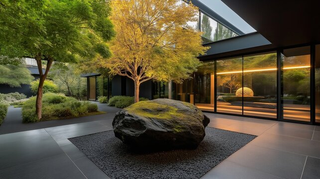 A serene zen garden featuring a large moss-covered stone in a minimalist courtyard with modern glass walls and autumn trees, creating a peaceful fusion of nature and contemporary architecture