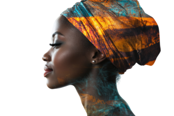 Woman in profile adorned with colorful patterns, representing self-expression and cultural identity against,Isolated on transparent background