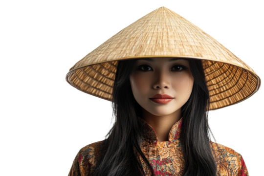 Woman in traditional attire wearing straw conical hat, posing thoughtfully against,Isolated on transparent background - Powered by Adobe