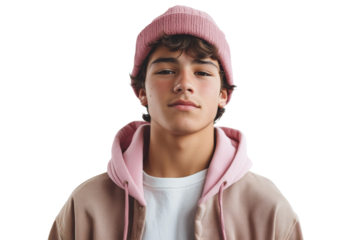 Young man wearing pink beanie and hoodie, looking confidently at camera against,Isolated on transparent background
