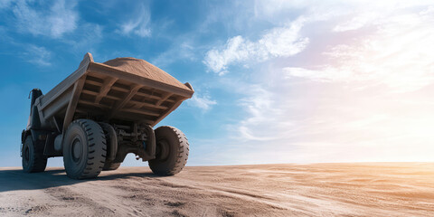 Transportation of sand for agricultural and construction work. Dump truck releases a load of sand onto a vast, sunny field.