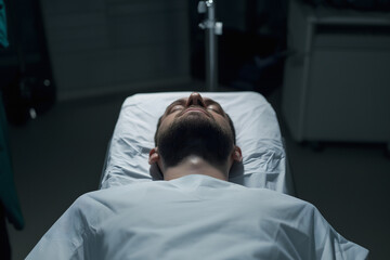 Fototapeta premium Young Dead Man Laying On The Hospital Bed In Resuscitation, Doctor Near His Patient That Died, Woman Touches Her Deceased Beloved Husband On Surgery Table, Accident Or Coma Concept