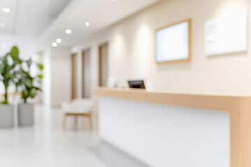 Blurred Modern Medical Clinic Corridor Or Hospital Interior Background With Reception And Plants