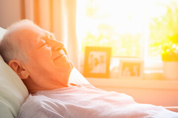 Elderly woman in hospital bed, Old Lady Stays In Clinic Or Hospice, Warm Day Light, Family Photos On Background, Life And Death Concept