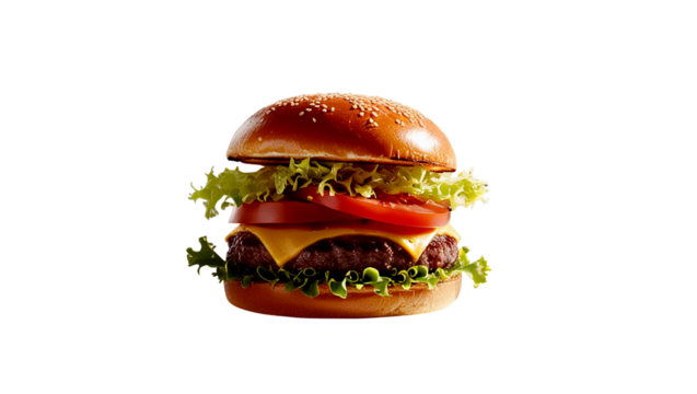 A juicy burger, with a toasted sesame seed bun, crispy lettuce, ripe tomato, melted cheese, and savory beef patty on transperent background