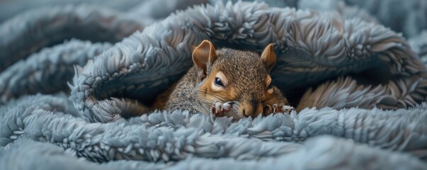 Obraz premium Close-up of a baby squirrel wrapped snugly in a fluffy blanket, capturing a cozy and cute moment. Free copy space for banner.