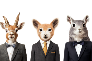 Animals in business attire with suits and ties, presenting whimsical take professionalism,Isolated on transparent background