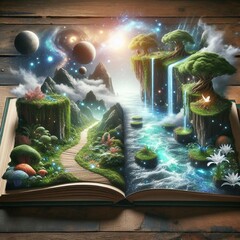 Obraz premium An open book with a magical forest scene emerging from its pages, featuring a path, waterfalls, and a sky with planets.