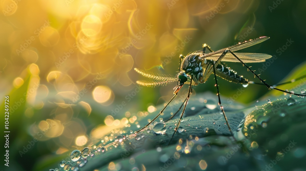 Wall mural Mosquito on a Dewy Leaf