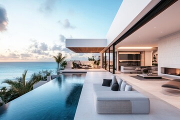 Fototapeta premium Modern house with pool and terrace overlooking ocean at sunset, luxury tropical landscape