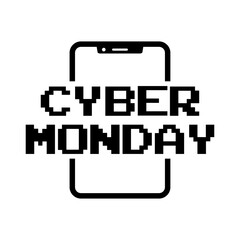 Tiempo de rebajas. Banner con silueta de smartphone con texto Cyber Monday en tipografía estilo arcade