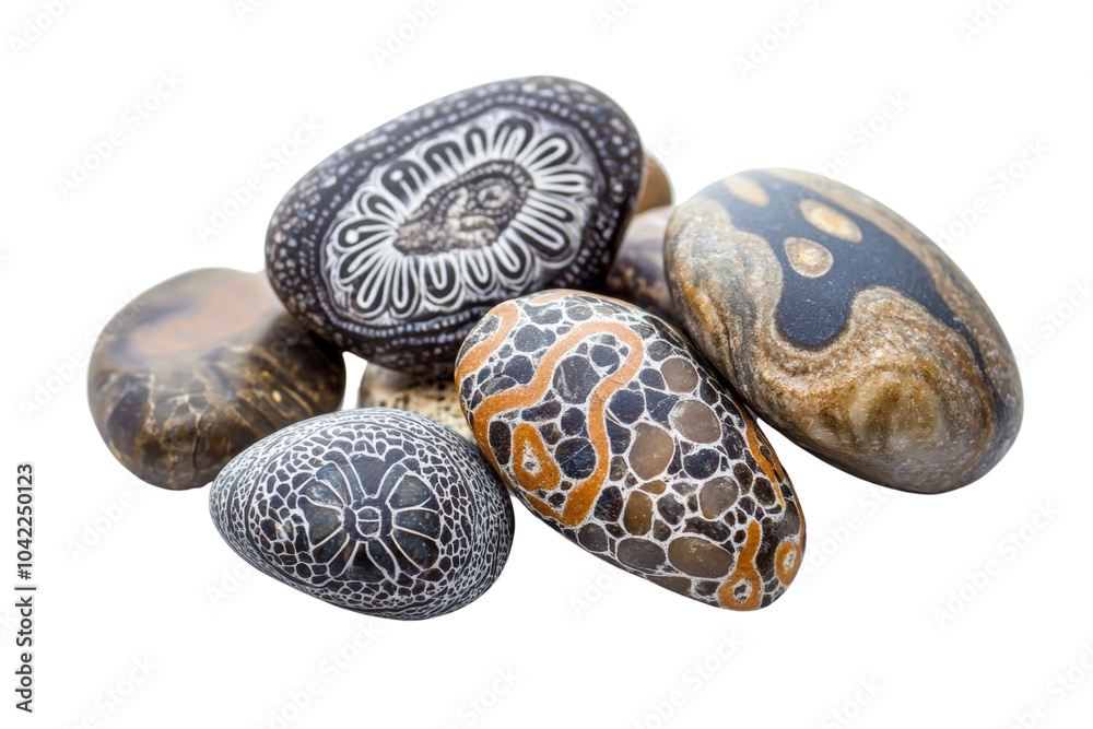 Poster collection of uniquely patterned decorative stones,isolated on transparent background