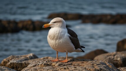 Fototapeta premium A single seagull perched on a rocky outcropping, with the ocean in the background.