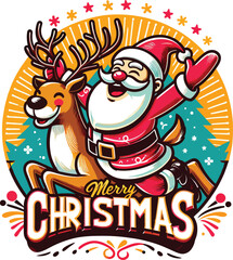 Festive and cheerful Christmas illustration featuring Santa Claus riding a joyful reindeer. Includes vibrant colors, a bold 'Merry Christmas' text, and glowing holiday elements, perfect for seasonal d