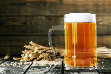 Glass of light fresh cold beer on the desk