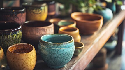 Handcrafted Ceramic Pots and Bowls on Wooden Shelf