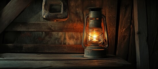 A lit kerosene lamp sits on a wooden shelf in front of a rustic wooden background.