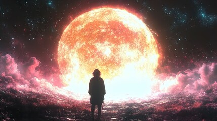 Fototapeta premium A Solitary Figure Gazes at a Glowing Moon in the Night Sky