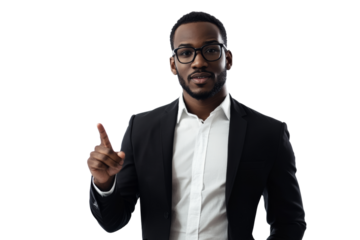 Confident business professional wearing glasses, gesturing with one finger raised,,Isolated on transparent background