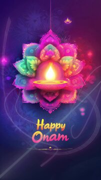 Colorful decorations and a traditional lamp illuminate the joyful celebration of Onam