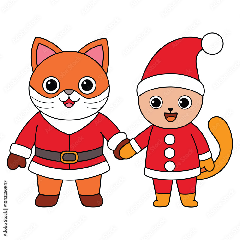 Sticker Cute Cat and Santa Claus Christmas Vector Art.