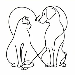 Minimalist line art of a cat and dog facing each other with a heart shape, symbolizing love and friendship between pets.
