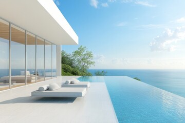 Fototapeta premium Modern house with pool and terrace overlooking ocean at sunset, luxury tropical landscape