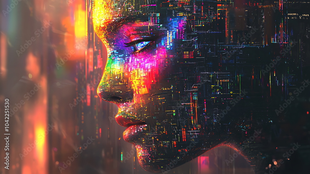 Aufkleber Vibrant abstract human profile embodying neon data patterns and digital interactions in a futuristic landscape