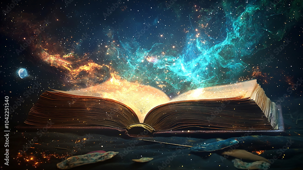 Poster Exploring the universe through the pages of an open book a journey into cosmic knowledge and imagination